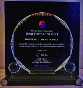 Best Partner of 2021 This award is presented for the outstanding sales achievement on Korean Air during 2021